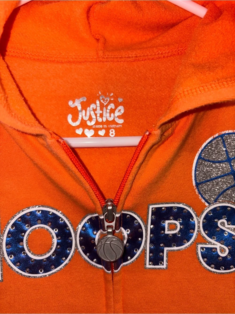 Justice Orange Hoodie with Blue 'HOOPS' Graphic
